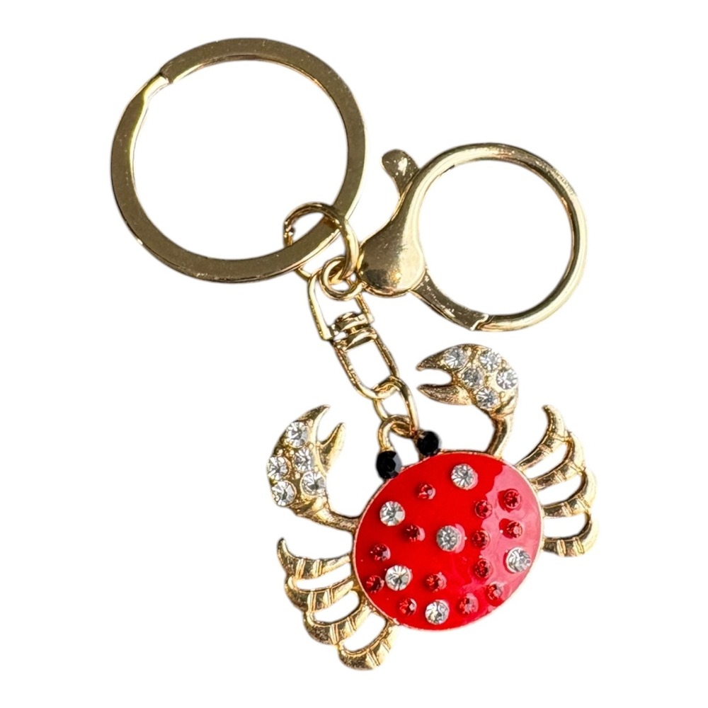 Women's Gold Red Rhinestone Crab Charm Key Chain 3" Long Metal Enamel Sparkle
